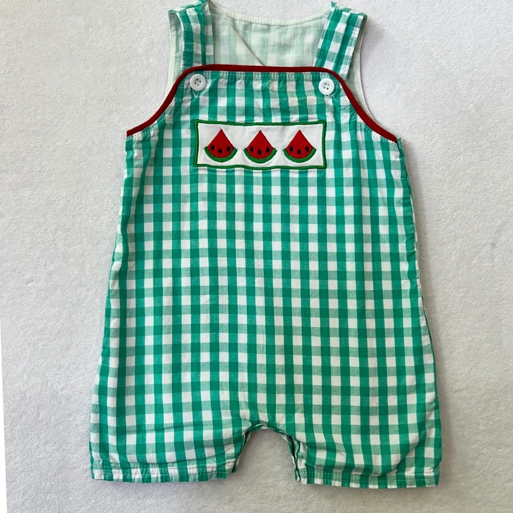 Honey Bean Shortall Green Gingham Watermelon Applique Romper 18M
